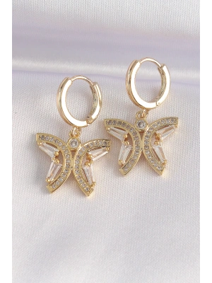 Pirinç Gold Renk Zirkon Taşlı Kelebek Tasarım Küpe