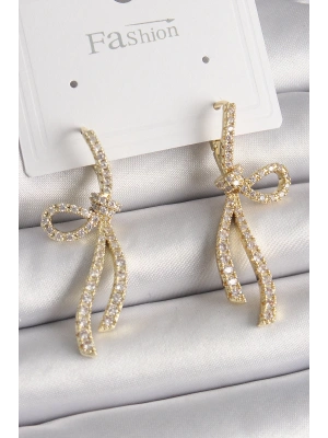 Pirinç Gold Renk Zirkon Taşlı Kurdele Model Kadın Küpe