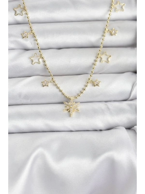 Pirinç Gold Renk Zirkon Taşlı Kutup Yıldızı Model Kadın Kolye