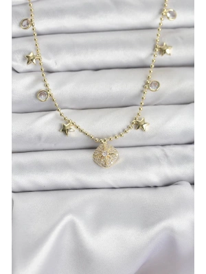 Pirinç Gold Renk Zirkon Taşlı Kutup Yıldızı Model Kadın Kolye