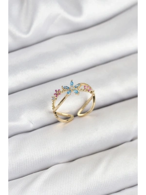 Pirinç Gold Renk Zirkon Taşlı Mavi Çiçekli Kadın Yüzük
