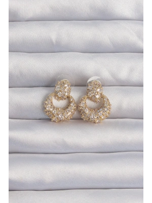 Pirinç Gold Renk Zirkon Taşlı Oval Form Küpe