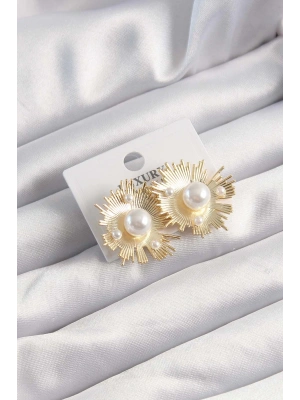 Pirinç Gold Renk Zirkon Taşlı Parlayan İnci Taneleri Küpe