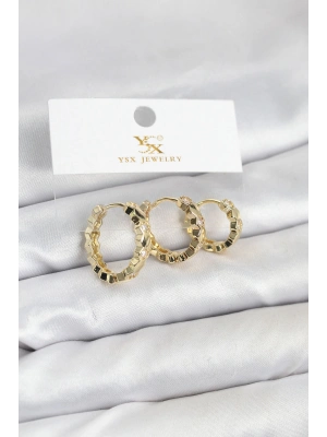 Pirinç Gold Renk Zirkon Taşlı Petek Halka Model YSX Trio Küpe Seti