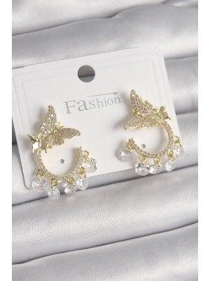 Pirinç Gold Renk Zirkon Taşlı Sallantı Detay Kelebek Model Kadın Küpe