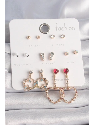 Pirinç Gold Renk Zirkon Taşlı Sallantı Kalp Figür 7 Çift Kadın Küpe Seti