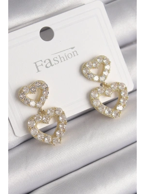 Pirinç Gold Renk Zirkon Taşlı Sallantı Kalp Model Kadın Küpe