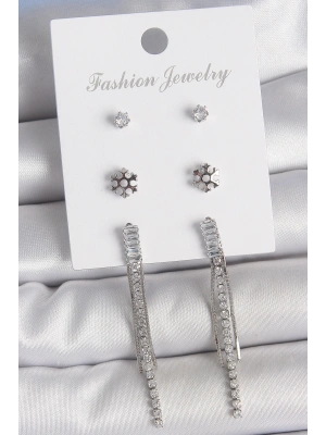 Pirinç Gold Renk Zirkon Taşlı Sallantılı Çiçek Detay 3 Çfit Kadın Küpe Seti