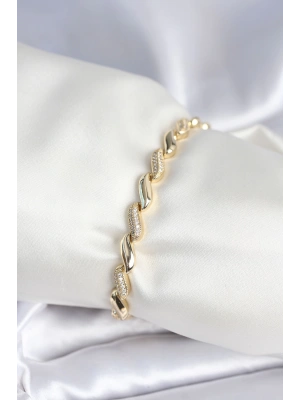 Pirinç Gold Renk Zirkon Taşlı Sarmal Model Kadın Bileklik