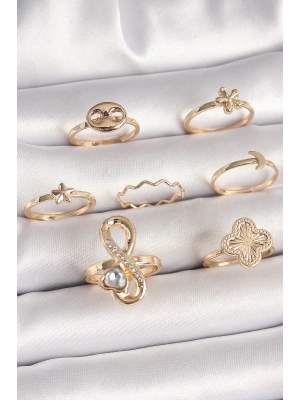 Pirinç Gold Renk Zirkon Taşlı Sonsuzluk Figür Yıldız Detay Kadın Yüzük Kombini
