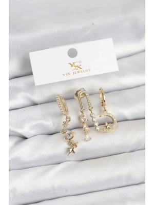 Pirinç Gold Renk Zirkon Taşlı Uzay Model YSX Trio Küpe Seti