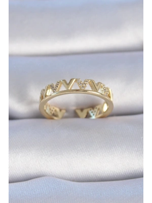 Pirinç Gold Renk Zirkon Taşlı V Model Kadın Yüzük