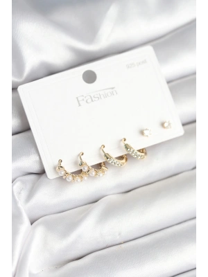 Pirinç Gold Renk Zirkon Taşlı ve İncili Model 925 Ayar Gümüş Çivi Kadın Küpe Seti