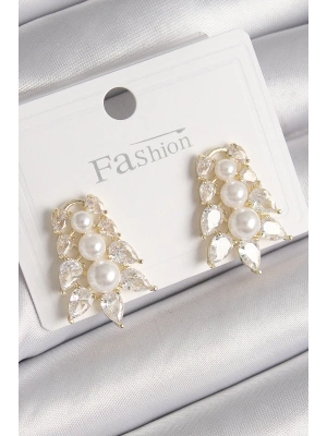 Pirinç Gold Renk Zirkon Taşlı Yaprak Model İnci Detay Kadın Küpe