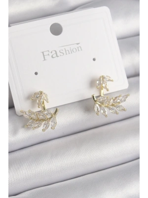 Pirinç Gold Renk Zirkon Taşlı Yaprak Model Kadın Küpe