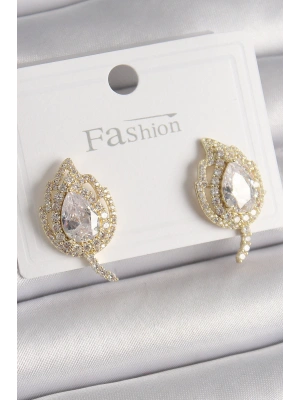 Pirinç Gold Renk Zirkon Taşlı Yaprak Model Kadın Küpe