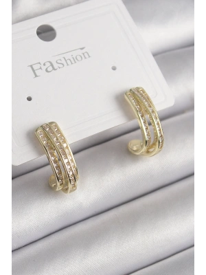 Pirinç Gold Renk Zirkon Taşlı Yarım Halka Model Kadın Küpe