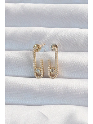 Pirinç Gold Renk Zirkon Taşlı Yarım Messika Küpe