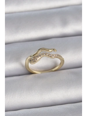 Pirinç Gold Renk Zirkon Taşlı Yılan Ayarlanabilir Model Kadın Yüzük