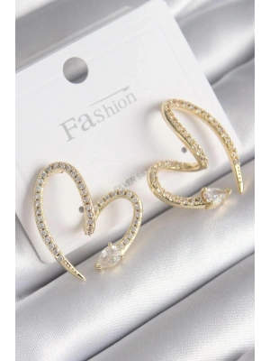Pirinç Gold Renk Zirkon Taşlı Yılan Kalp Model Kadın Küpe