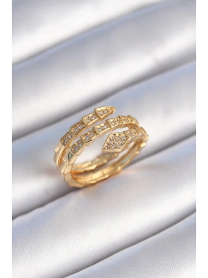 Pirinç Gold Renk Zirkon Taşlı Yılan Model Kadın Yüzük
