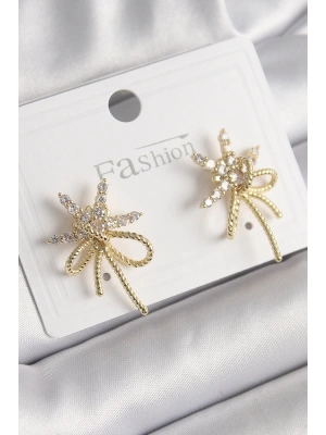 Pirinç Gold Renk Zirkon Taşlı Yıldız Düğüm Model Kadın Küpe