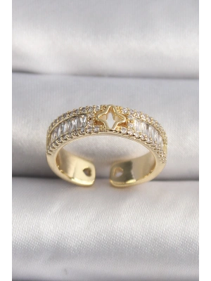 Pirinç Gold Renk Zirkon Taşlı Yıldız İşleme VIP Seri Kadın Yüzük