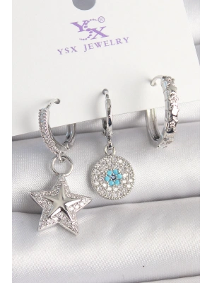 Pirinç Gold Renk Zirkon Taşlı Yıldız Model Nazar Boncuk Detay 3Lü Kadın Kombin Küpe