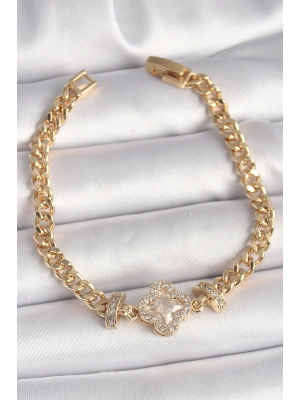 Pirinç Gold Renk Zirkon Taşlı Yonca Figür Zincir Model Kadın Bileklik