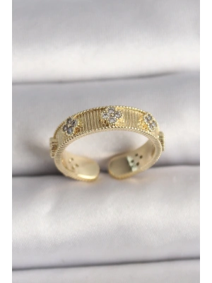 Pirinç Gold Renk Zirkon Taşlı Yonca İşlemeli Ayarlanabilir Yüzük
