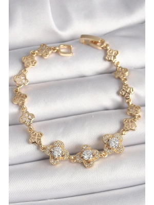 Pirinç Gold Renk Zirkon Taşlı Yonca Model Kadın Bileklik