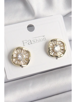 Pirinç Gold Renk Zirkon Taşlı Yonca Model Kadın Küpe