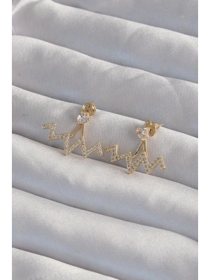 Pirinç Gold Renk Zirkon Taşlı Zikzak Küpe