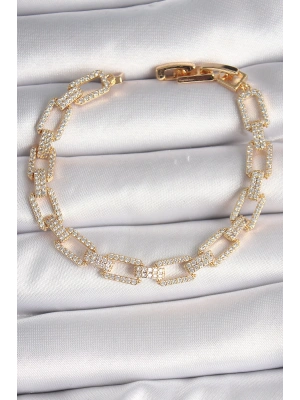 Pirinç Gold Renk Zirkon Taşlı Zincir Model VIP Seri Kadın Bileklik