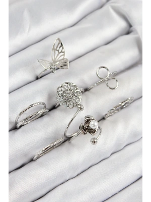 Pirinç Gül Kelebek Model Gümüş Renk Kadın Yüzük Kombin Set