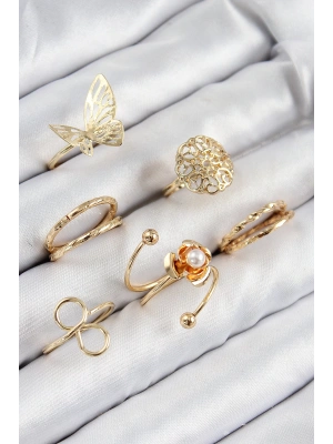 Pirinç Gül Kelebek Model Gümüş Renk Kadın Yüzük Kombin Set