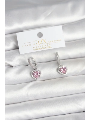 Pirinç Gümüş Pembe Renk Zirkon Taşlı Kalp Model Kadın Küpe