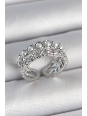 Pirinç Gümüş Renk 2Li Sıra Zirkon Taşlı Ve İncili Ayarlanabilir Kadın Yüzük
