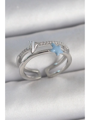 Pirinç Gümüş Renk 2Li Zirkon Taşlı Mavi Yıldız Figür Ayarlanabilir Kadın Yüzük