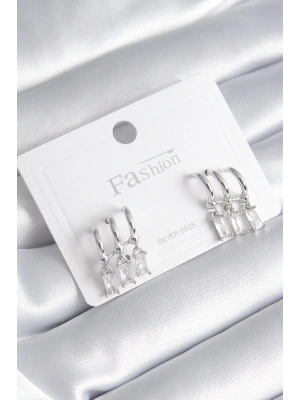 Pirinç Gümüş Renk 3lü Sallantı Zirkon Taşlı Küpe