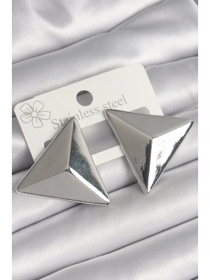 Pirinç Gümüş Renk 3D Üçgen Model Kadın Küpe