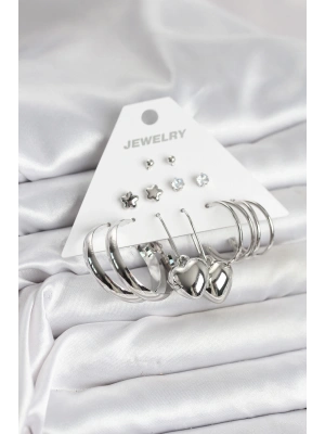 Pirinç Gümüş Renk 6 Çift Kadın Küpe Seti