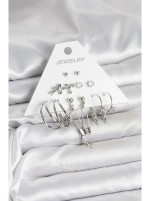 Pirinç Gümüş Renk 6lı Kadın Küpe Seti