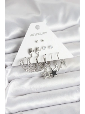 Pirinç Gümüş Renk 6lı Kadın Küpe Seti