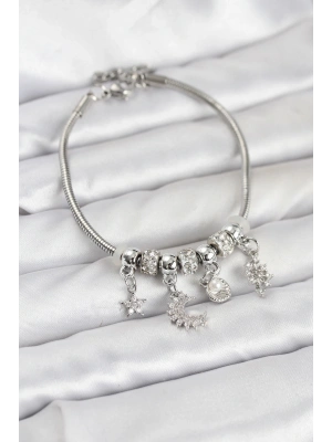 Pirinç Gümüş Renk Ay Charm Model Charmlı Kadın Bileklik