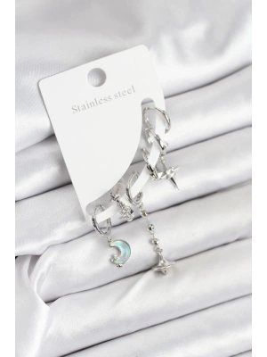 Pirinç Gümüş Renk Ay Model Kadın Set Küpe