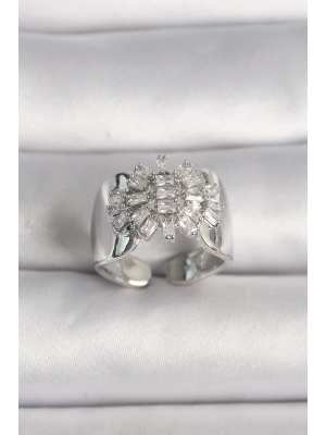 Pirinç Gümüş Renk Ayarlanabilir Baget Zirkon Taş Model Kadın Yüzük