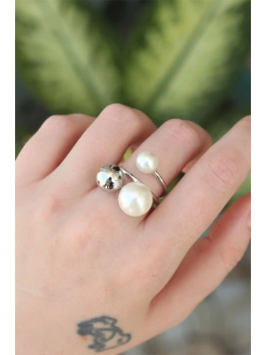 Pirinç Gümüş Renk Ayarlanabilir İnci Taşlı Yüzük