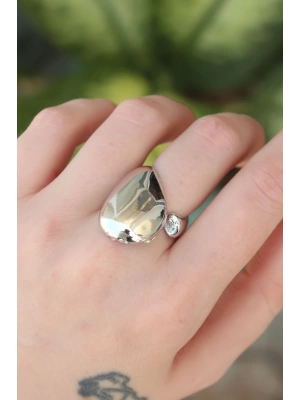 Pirinç Gümüş Renk Ayarlanabilir İri Bombeli Yüzük