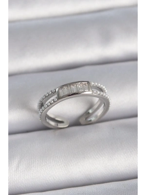 Pirinç Gümüş Renk Ayarlanabilir Sıralı İncili Zirkon Taşlı Kadın Yüzük